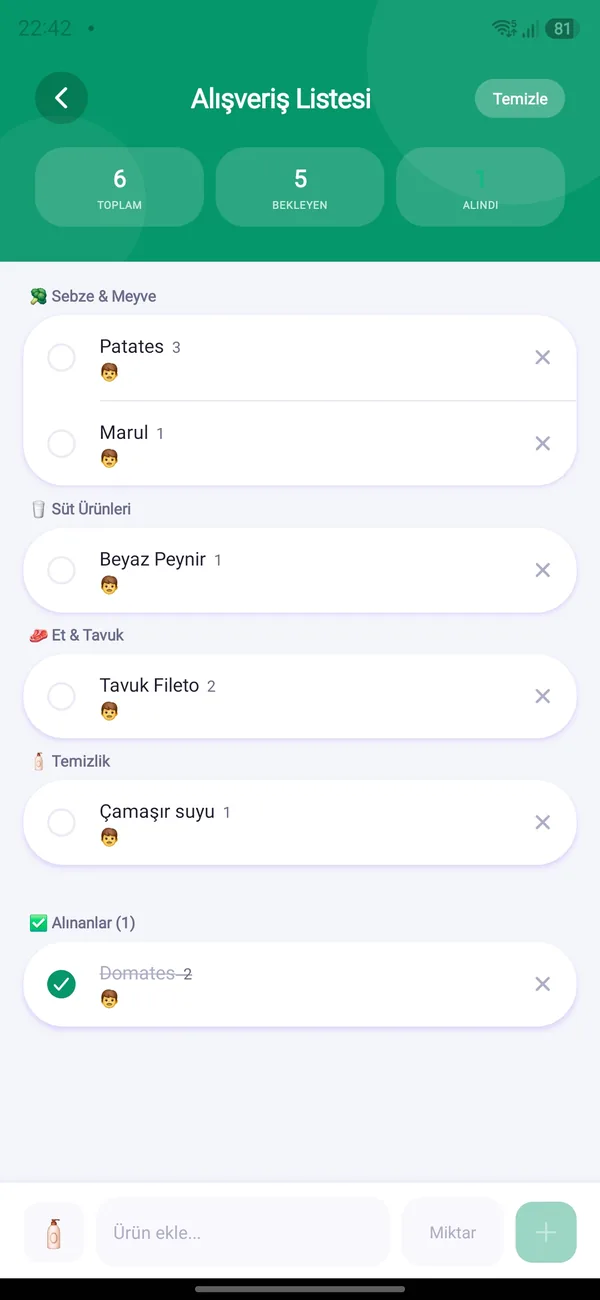 HomBoo ekranı: Alışveriş listesi