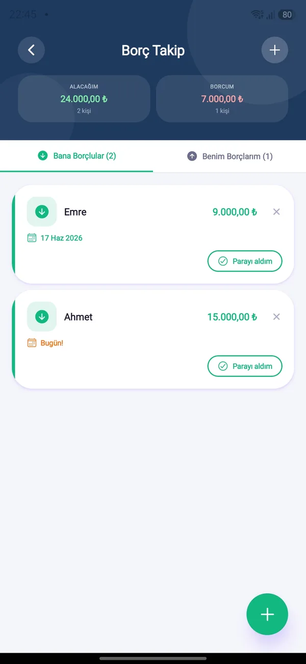 HomBoo ekranı: Borç takibi