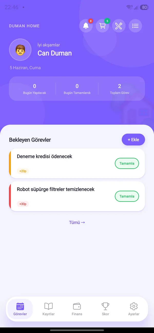 HomBoo ana ekranı: bekleyen görevler