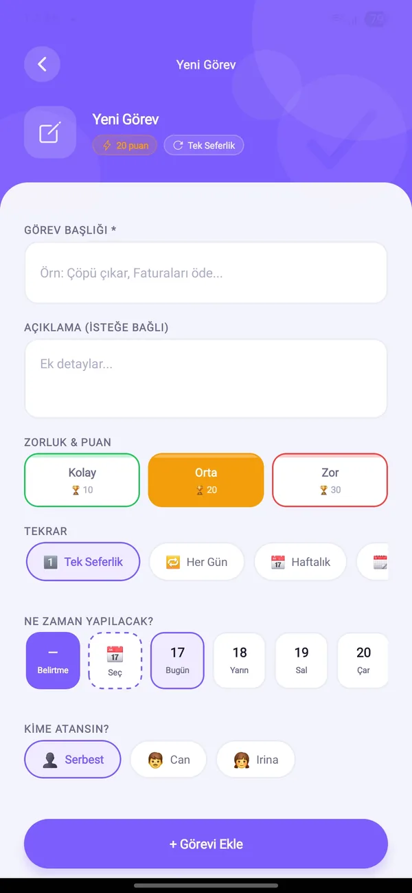 Yeni görev ekranı